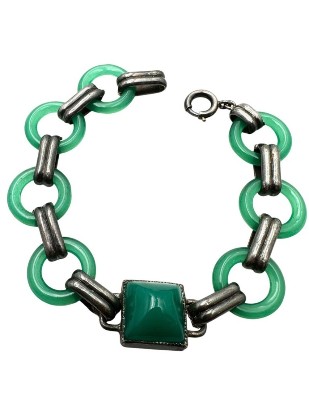 Vintage Napier Sterling Silver Green Czech Glass Bracelet 6.5 Inch